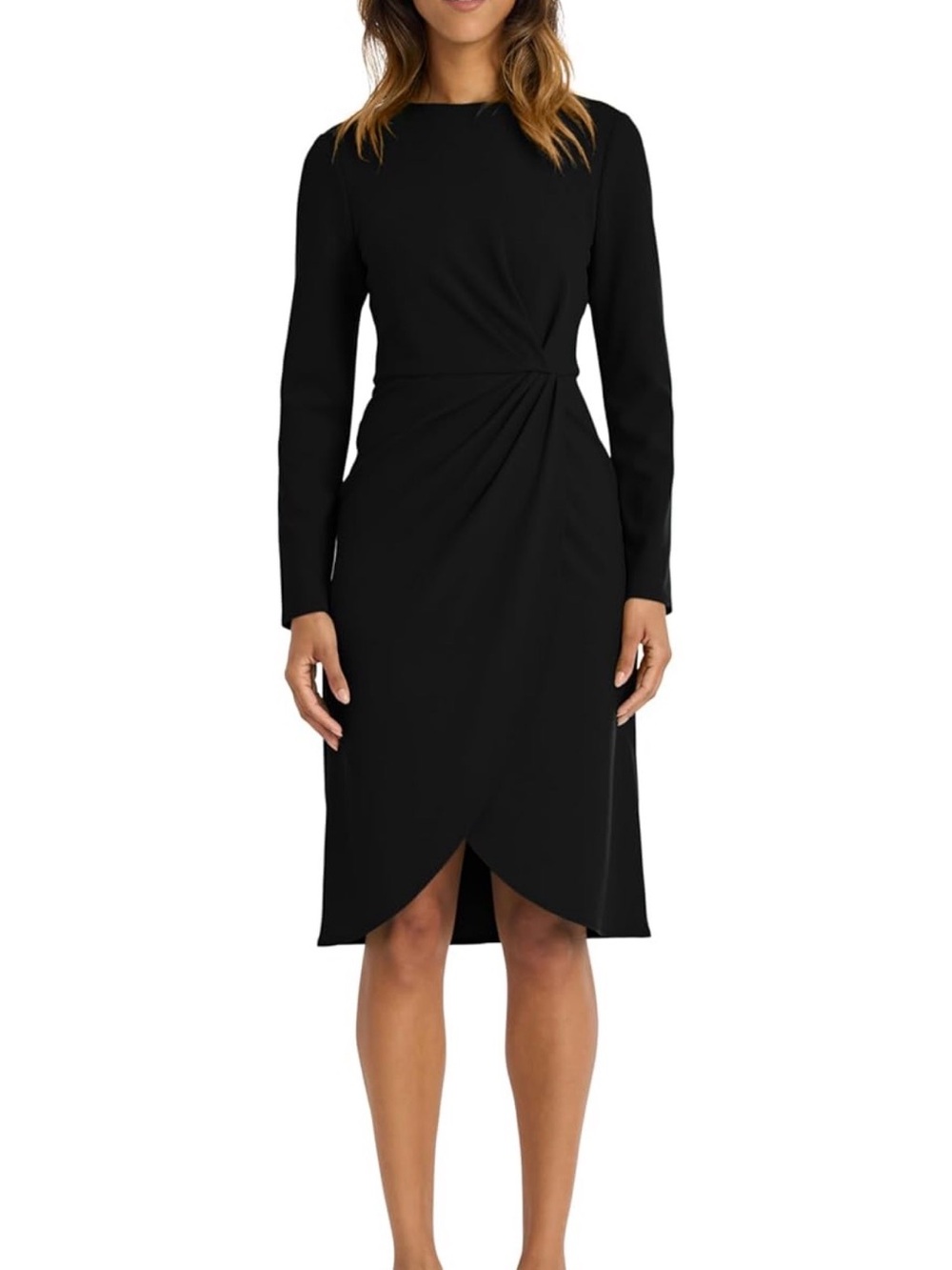 Maggy London Black Long Sleeve Ruched Tulip Hem Midi Dress NWT Size 2